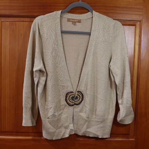 Ellen Tracy Gold Metallic Sparkly Medallion Beaded Cardigan Sweater LG - Picture 2 of 9